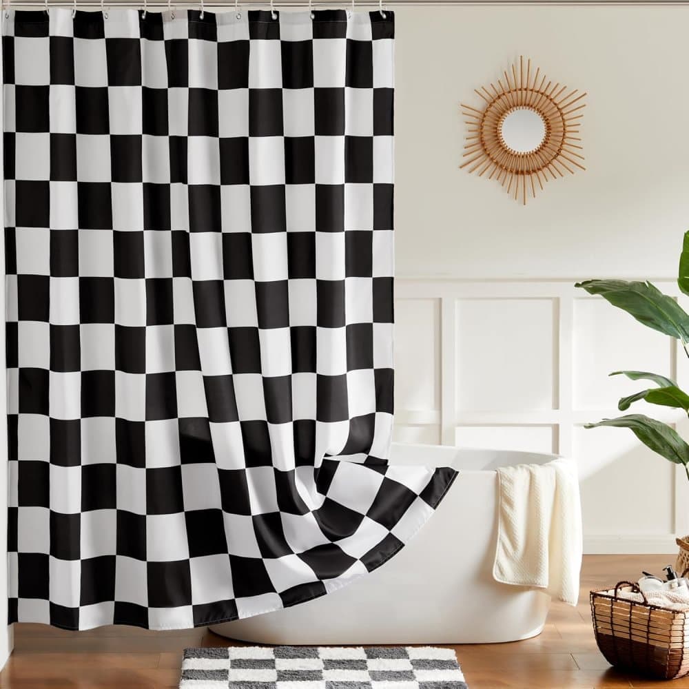 Retro Chess Pattern Checkered Shower Curtain, Black, 180x180 cm - Image 2