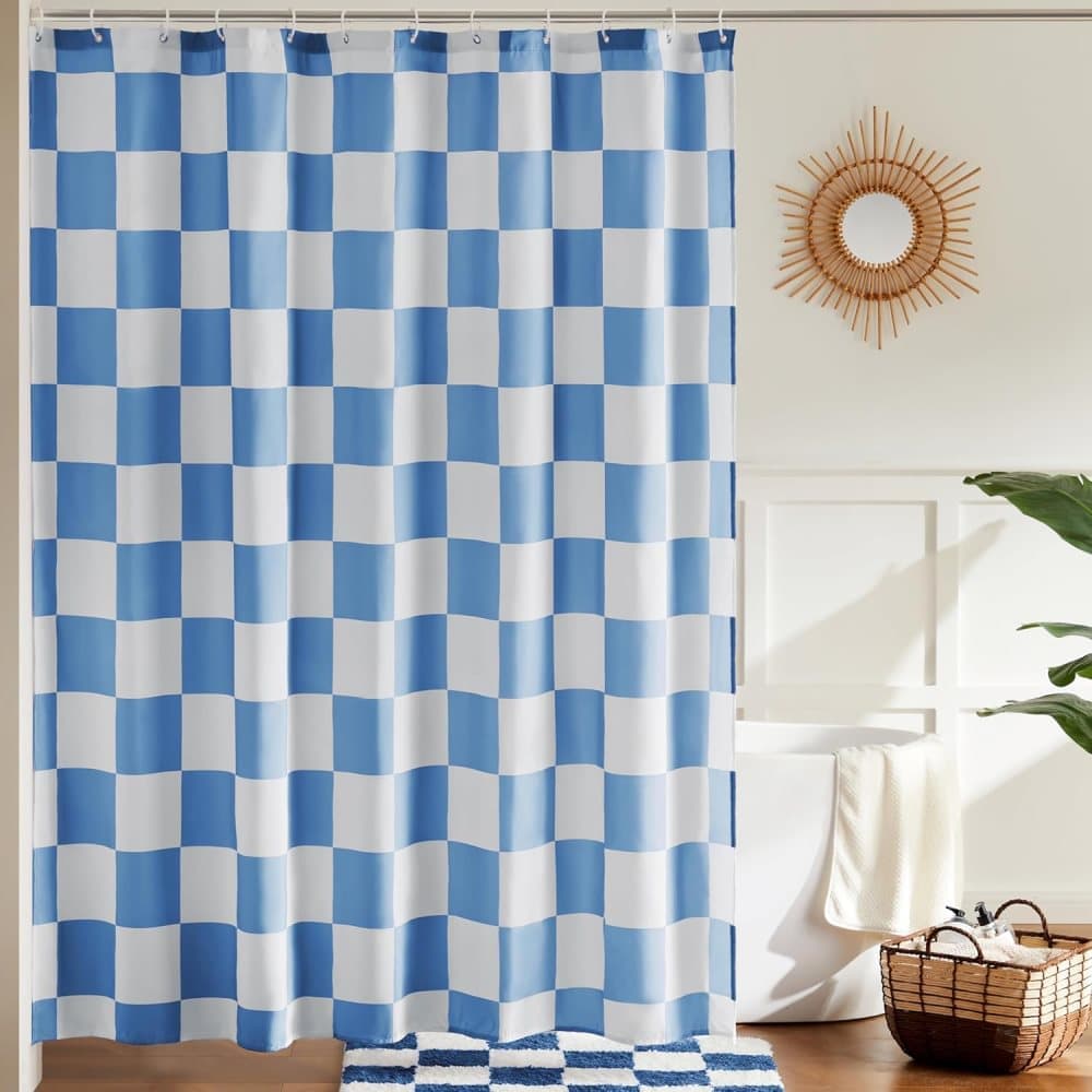 Checkered Shower Curtain, Retro Chess Pattern Vintage Aesthetics for Bathroom, Blue, 180x180 cm - Image 1