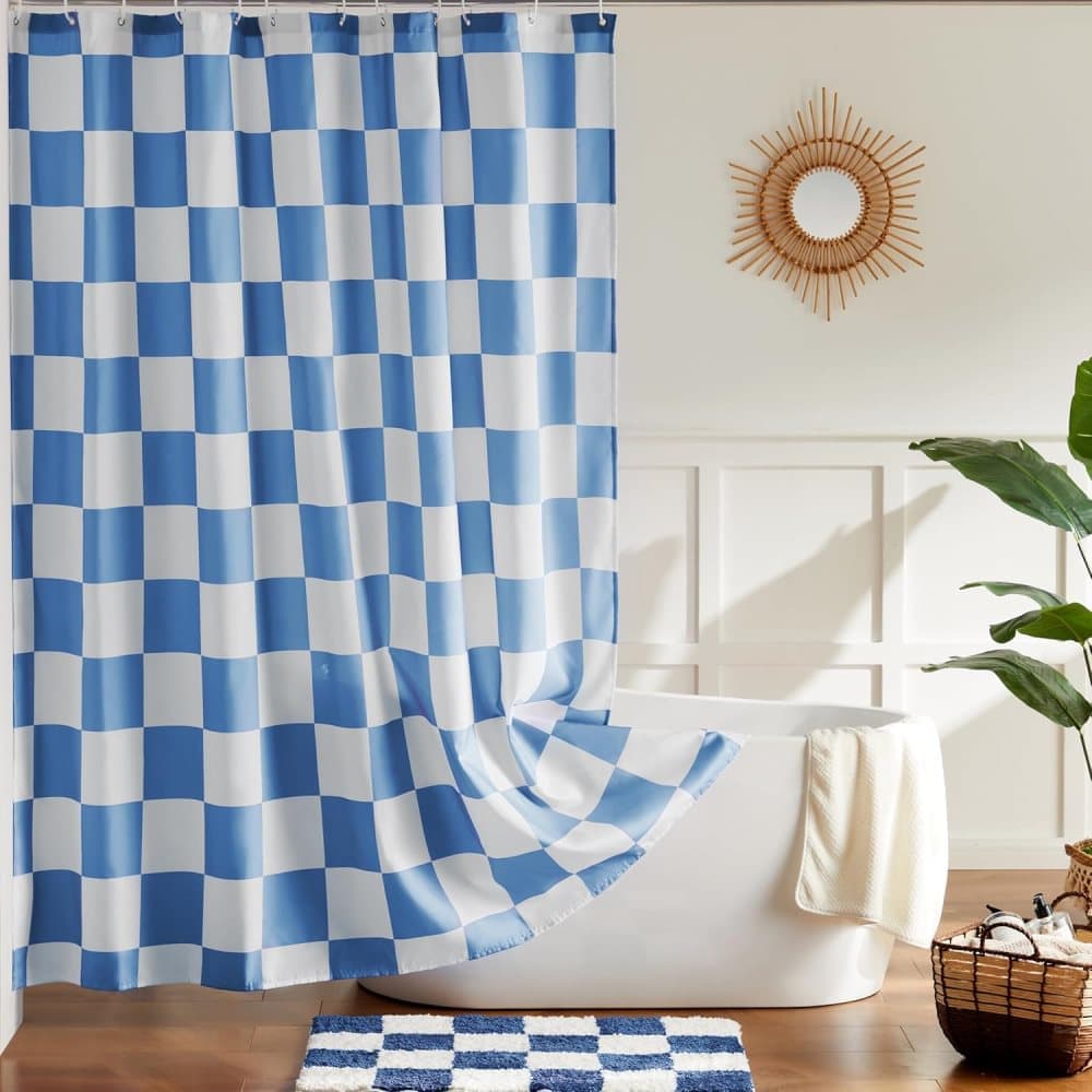 Checkered Shower Curtain, Retro Chess Pattern Vintage Aesthetics for Bathroom, Blue, 180x180 cm - Image 2