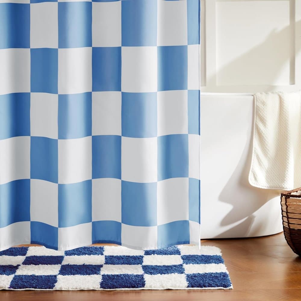 Checkered Shower Curtain, Retro Chess Pattern Vintage Aesthetics for Bathroom, Blue, 180x180 cm - Image 4