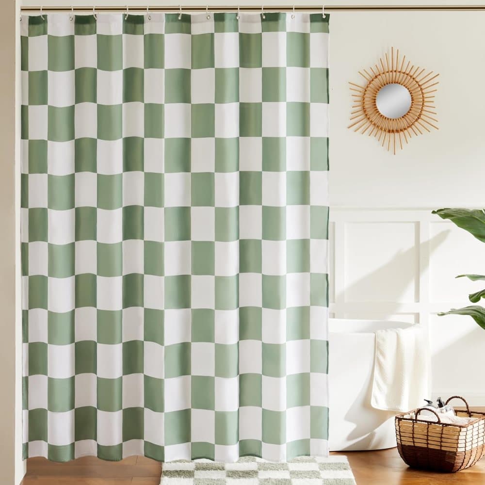 Green Checkered Shower Curtain with Retro Chess Pattern, 180x180 cm - Image 1