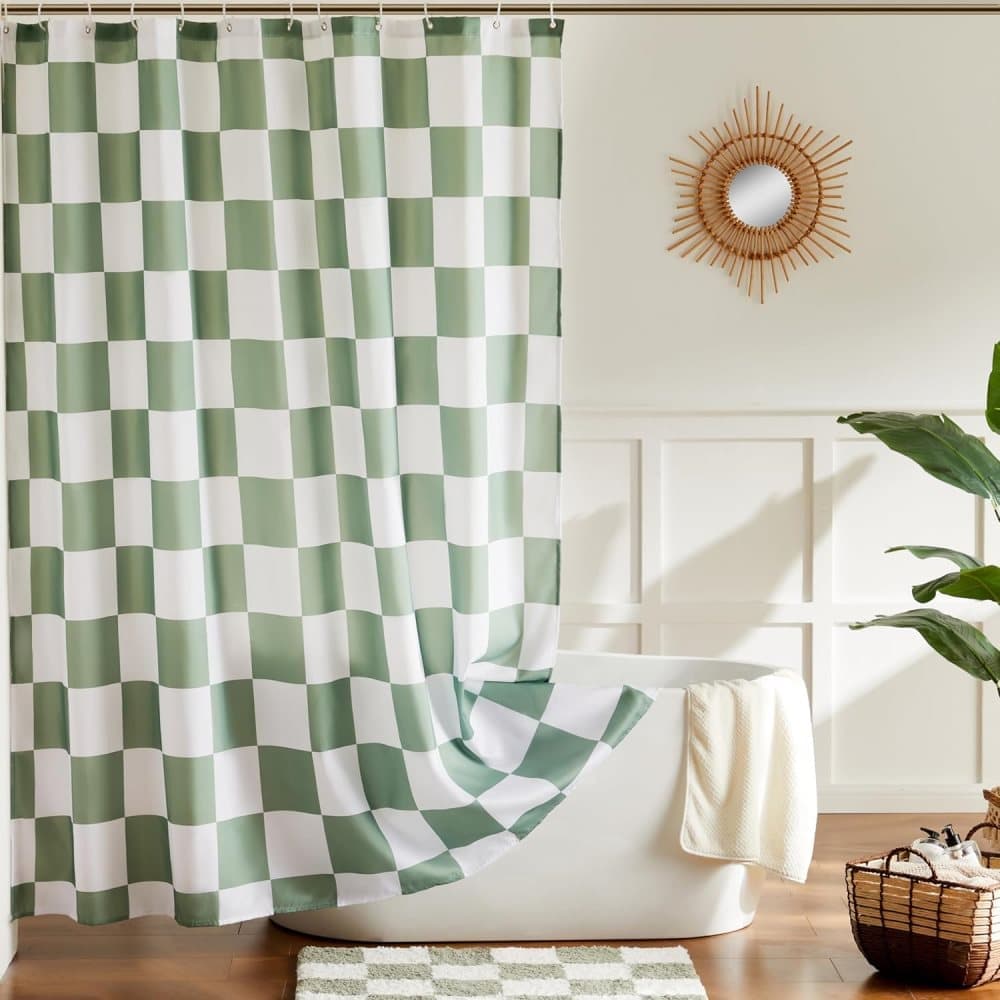 Green Checkered Shower Curtain with Retro Chess Pattern, 180x180 cm - Image 2
