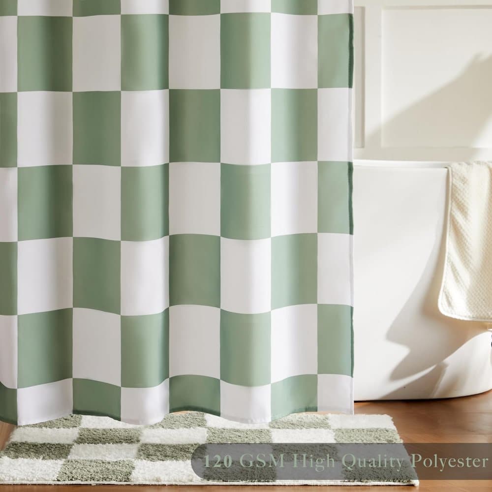 Green Checkered Shower Curtain with Retro Chess Pattern, 180x180 cm - Image 4