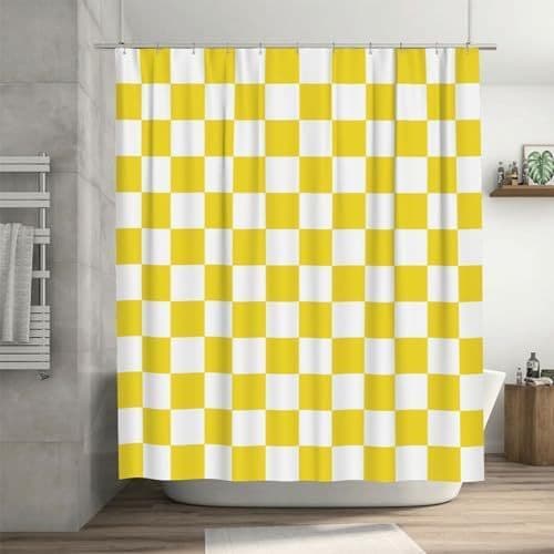 Checkered Shower Curtain 180x180 cm, Retro Chess Pattern Vintage Aesthetics for Bathroom, Yellow - Image 1