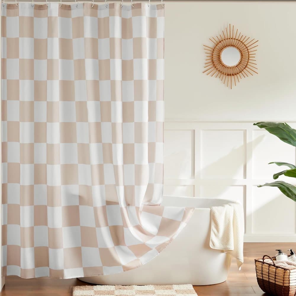 Checkered Shower Curtain 180x180 cm, Retro Chess Pattern Vintage Aesthetics for Bathroom, Yellow - Image 2
