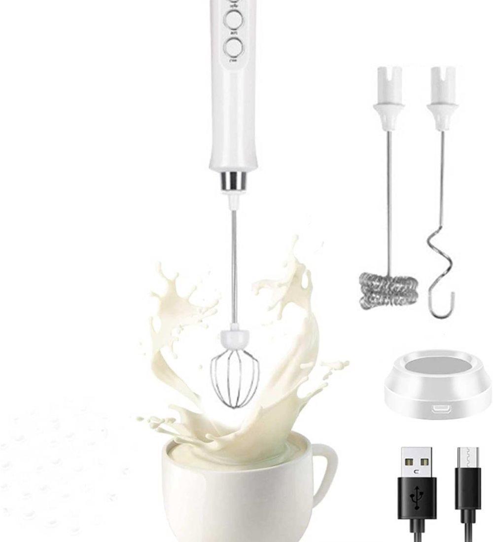 USB Rechargeable Electric Whisk with 3 Speeds, Egg Beater Milk Frother for Coffee and Cappuccino, Compatible with Most Brands, White - Image 1