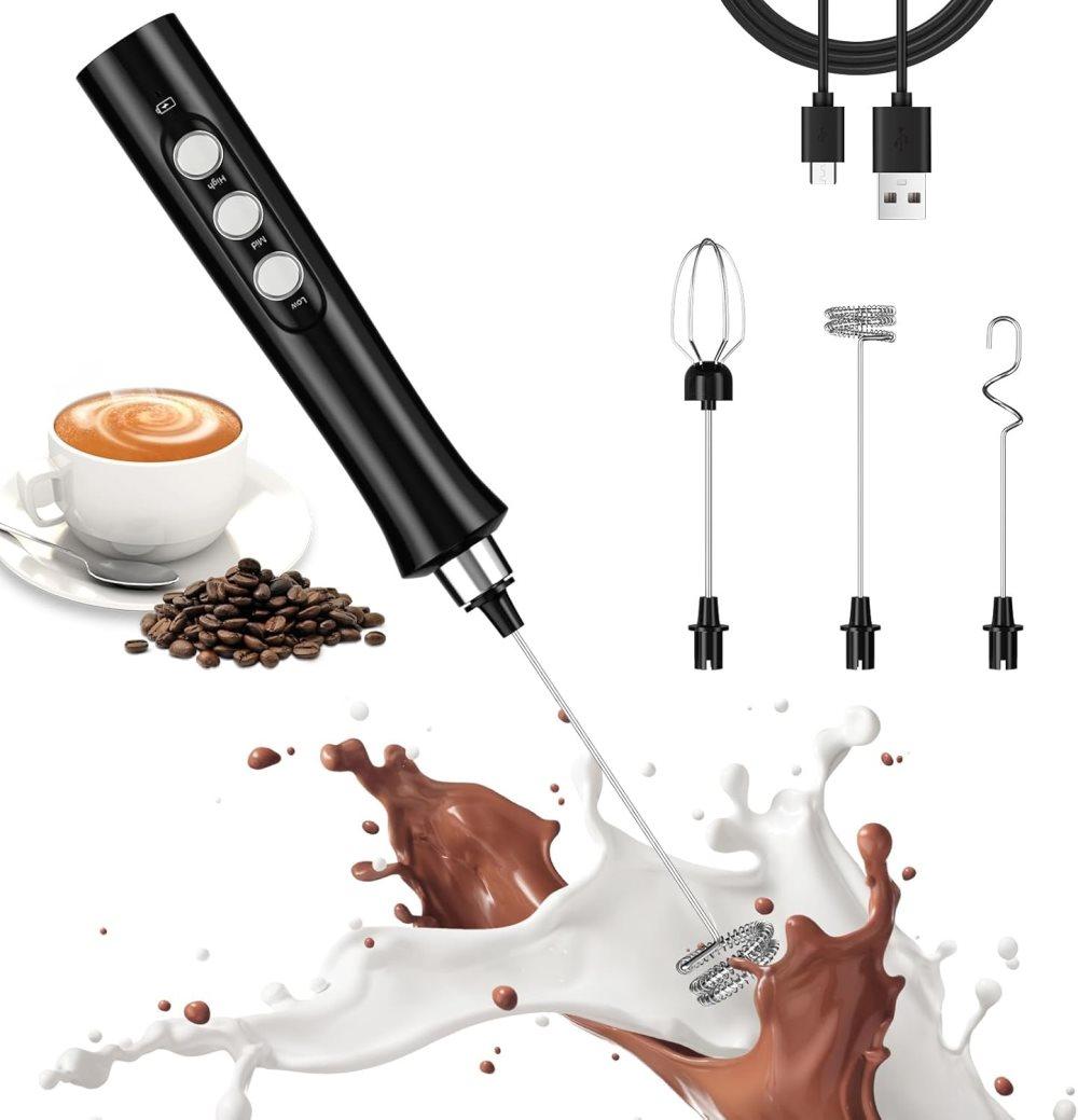 Electric Whisk USB Rechargeable with 3 Speeds, Egg Beater Milk Frother for Coffee and Cappuccino, Compatible with Most Brands, Black - Image 1