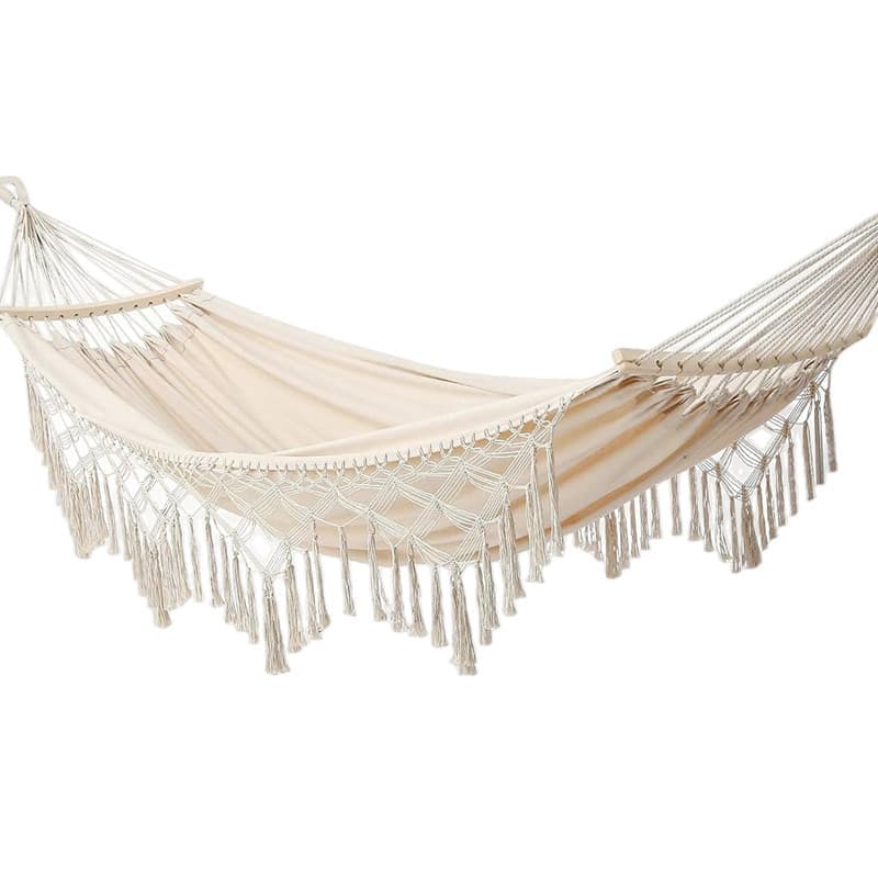 2-Person Bohemian Hammock with Fringes, 500 lbs Capacity, Cotton, Portable for Garden Patio Camping, Moon-Shaped Poles - Image 1