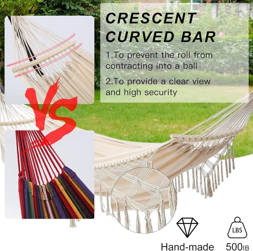 2-Person Bohemian Hammock with Fringes, 500 lbs Capacity, Cotton, Portable for Garden Patio Camping, Moon-Shaped Poles - Image 2