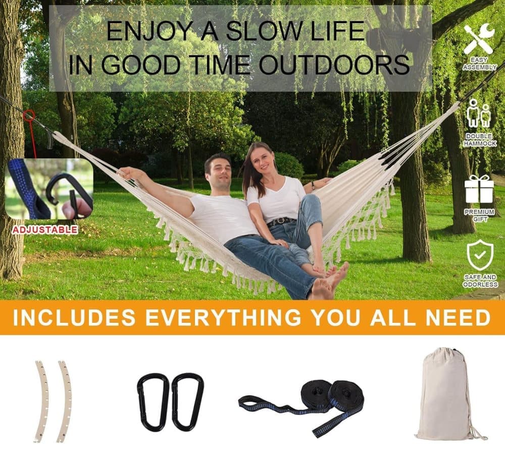 2-Person Bohemian Hammock with Fringes, 500 lbs Capacity, Cotton, Portable for Garden Patio Camping, Moon-Shaped Poles - Image 3