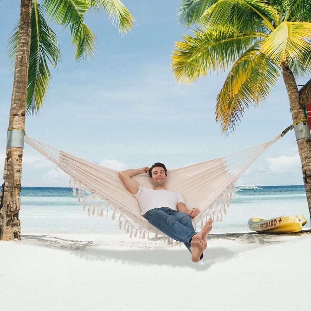 2-Person Bohemian Hammock with Fringes, 500 lbs Capacity, Cotton, Portable for Garden Patio Camping, Moon-Shaped Poles - Image 4