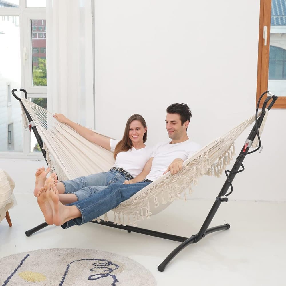 2-Person Bohemian Hammock with Fringes, 500 lbs Capacity, Cotton, Portable for Garden Patio Camping, Moon-Shaped Poles - Image 5