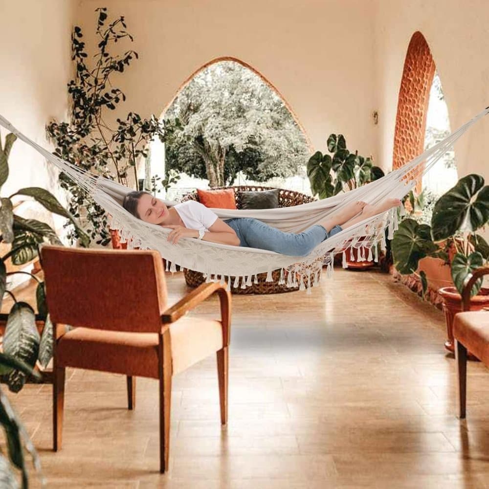 2-Person Bohemian Hammock with Fringes, 500 lbs Capacity, Cotton, Portable for Garden Patio Camping, Moon-Shaped Poles - Image 6