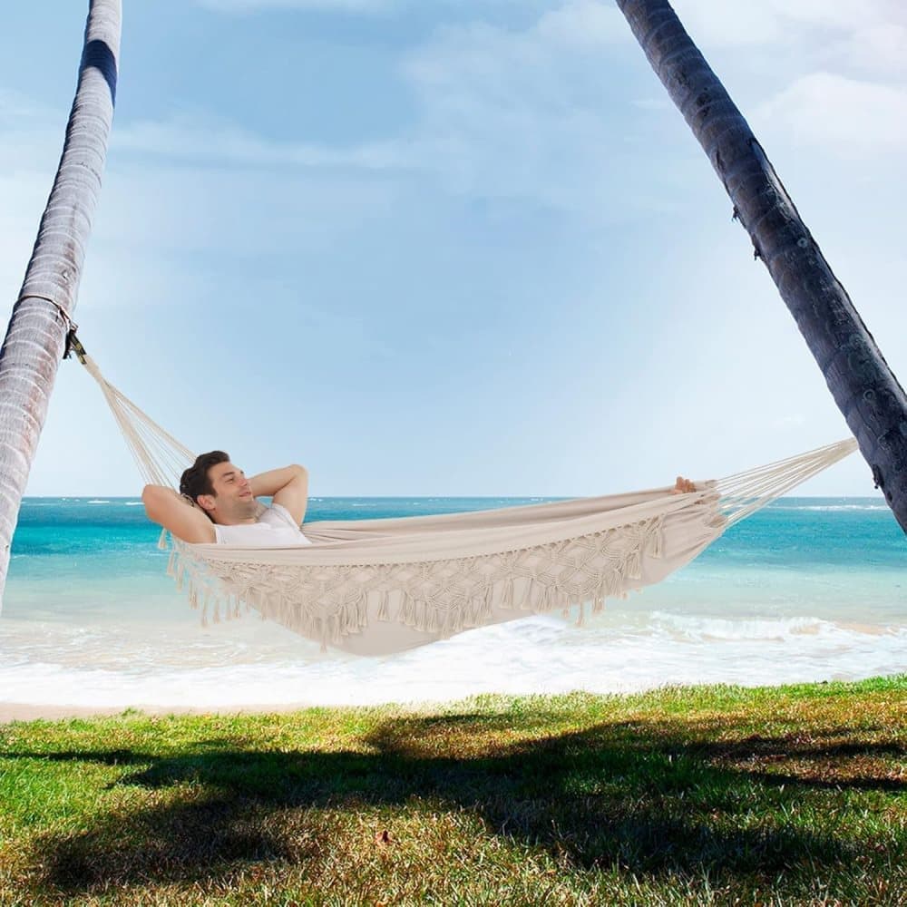 2-Person Bohemian Hammock with Fringes, 500 lbs Capacity, Cotton, Portable for Garden Patio Camping, Moon-Shaped Poles - Image 7