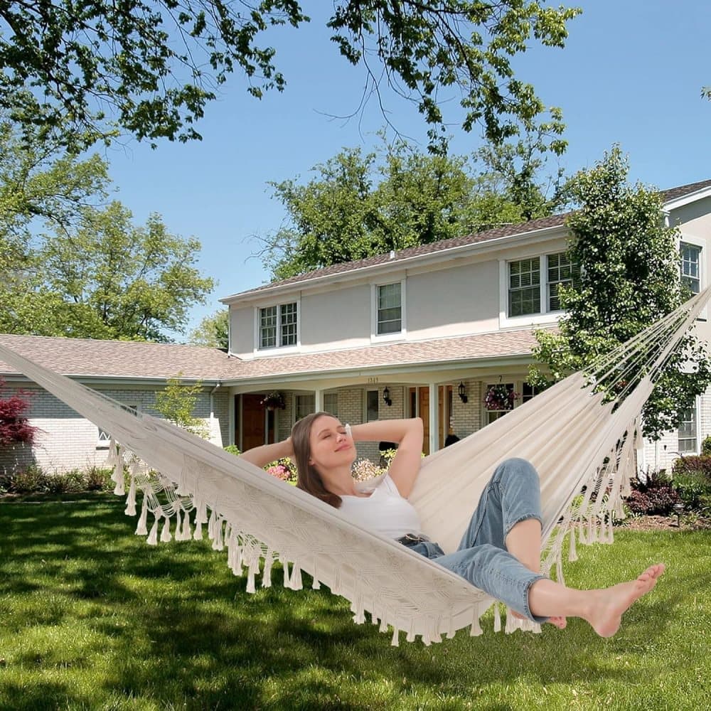 2-Person Bohemian Hammock with Fringes, 500 lbs Capacity, Cotton, Portable for Garden Patio Camping, Moon-Shaped Poles - Image 8