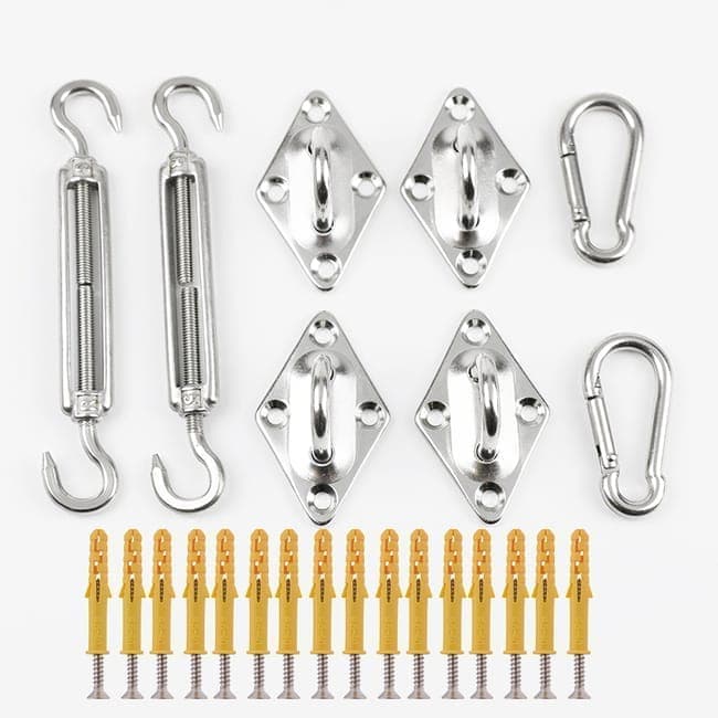 Sunshade Mounting Kit with Hooks Brackets Tension Screws Carabiners and Pad Eyes - Image 1