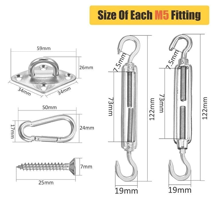 Sunshade Mounting Kit with Hooks Brackets Tension Screws Carabiners and Pad Eyes - Image 2