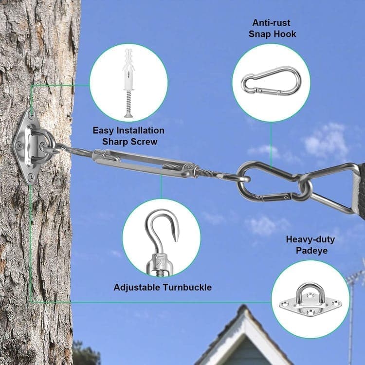 Sunshade Mounting Kit with Hooks Brackets Tension Screws Carabiners and Pad Eyes - Image 3