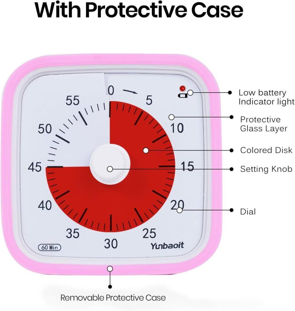 60 Minute Visual Timer for Kids and Classrooms, Adjustable Volume, Pink, 10x10 cm - Image 3