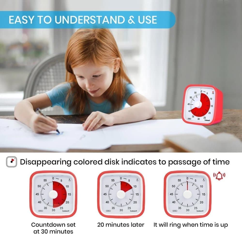 60 Minutes Visual Timer for Classrooms and Kids, Adjustable Volume, 10x10 cm, Red - Image 2