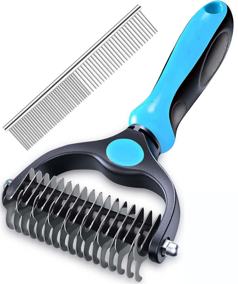 Dog Cat Undercoat Grooming Comb with Stainless Steel Blade, Blue - Image 1