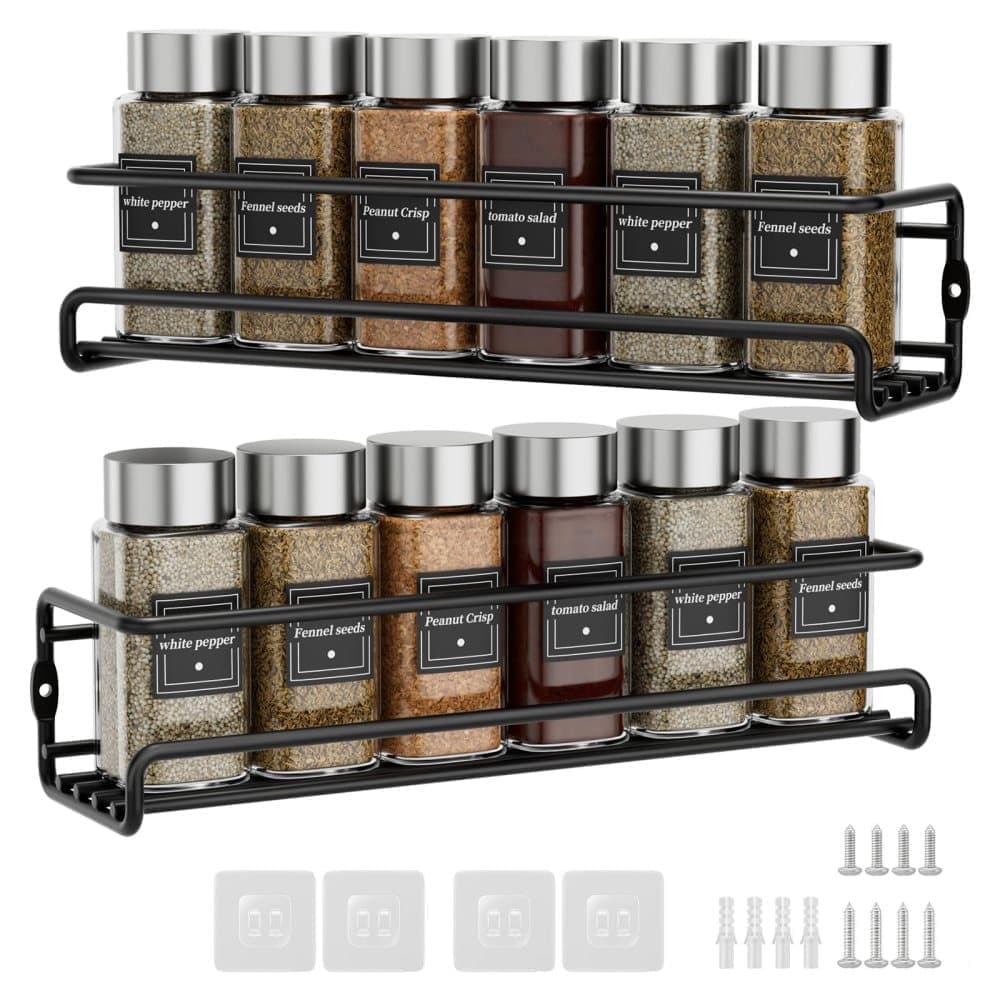 2-Piece Stainless Steel Spice Rack Wall Mounted Organizer, Black, 12.6 x 3.9 x 2.4 inches - Image 1