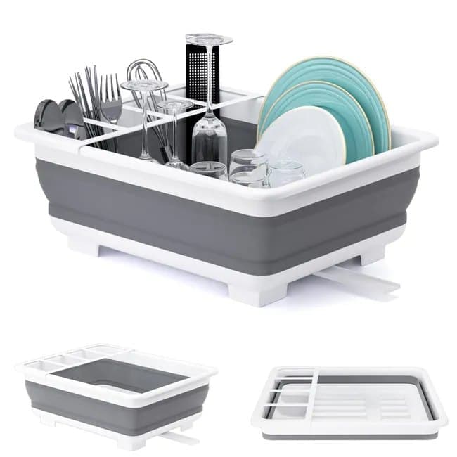 Foldable Dish Rack, gray plastic draining tray for kitchen and camping, 36.5 cm - Image 1
