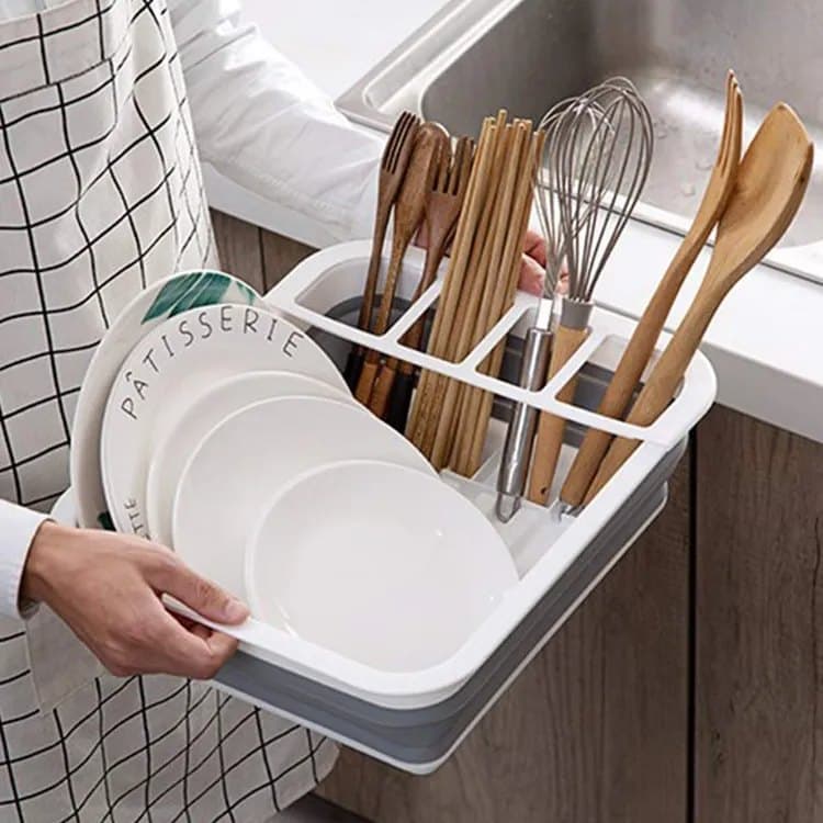 Foldable Dish Rack, gray plastic draining tray for kitchen and camping, 36.5 cm - Image 4