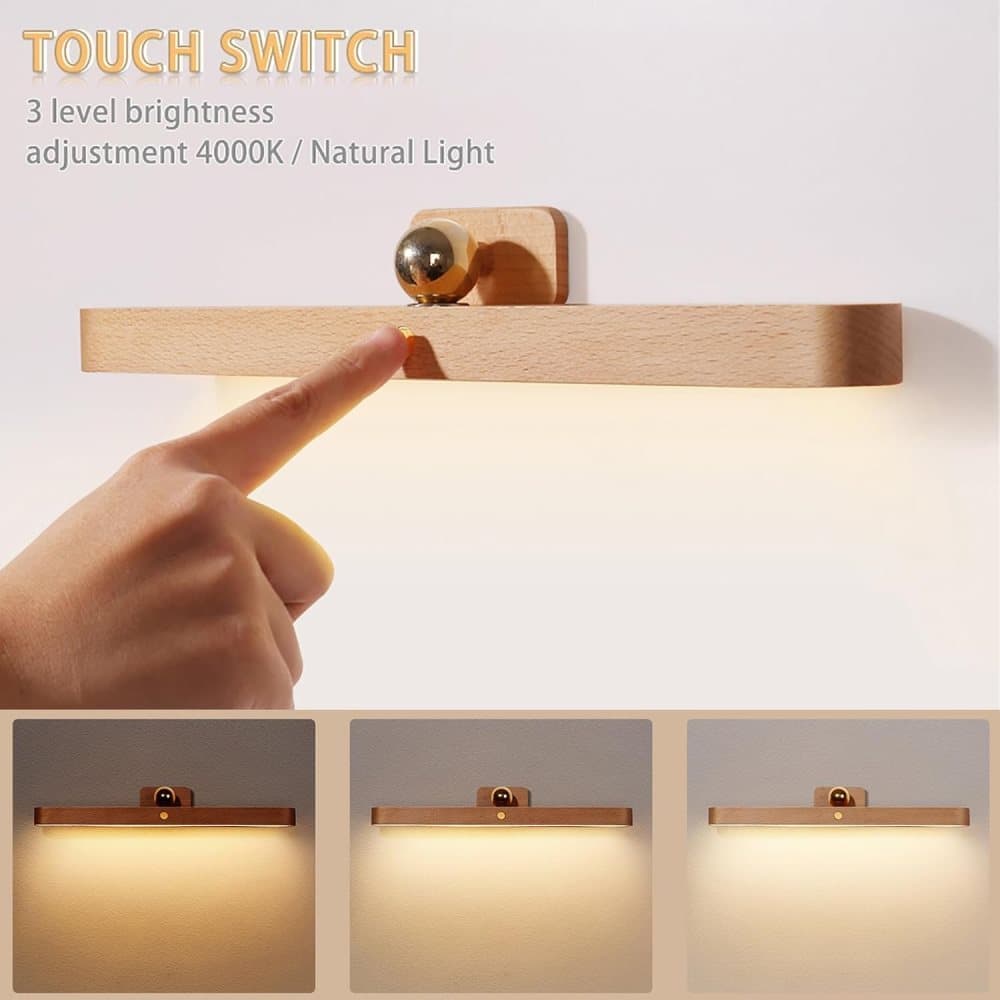 Wooden LED Wall Lamp 360 Degree Rotatable Magnetic Dimmable Night Light with USB Charging, Decorative Indoor Lighting for Home - Image 2