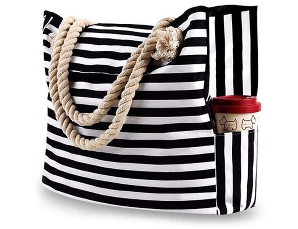Large Waterproof Beach Bag for Women, Black, Spacious Picnic Shopper Tote, Extra Large - Image 1