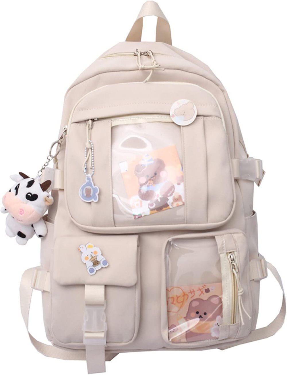 1 Children's Cute Beige Backpack with Pins and Plush Pendant, Waterproof School Travel Backpack for Girls - Image 1