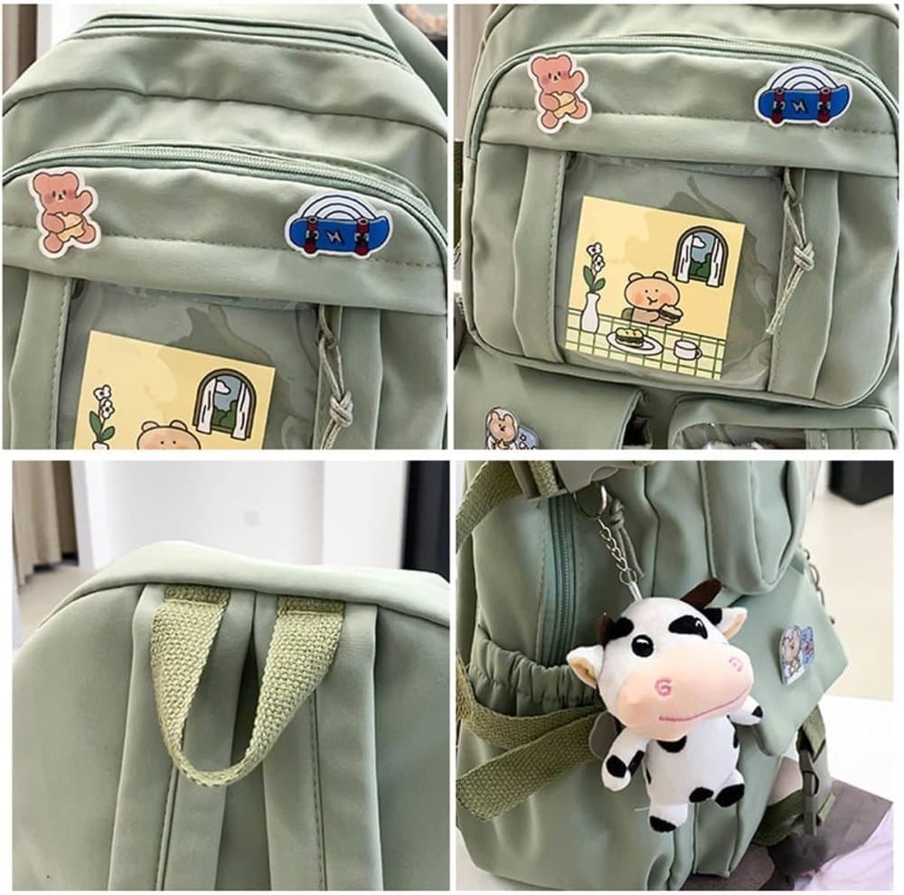 1 Children's Cute Beige Backpack with Pins and Plush Pendant, Waterproof School Travel Backpack for Girls - Image 3