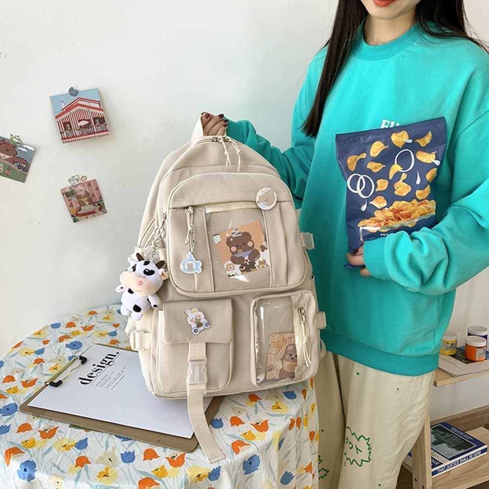 1 Children's Cute Beige Backpack with Pins and Plush Pendant, Waterproof School Travel Backpack for Girls - Image 5