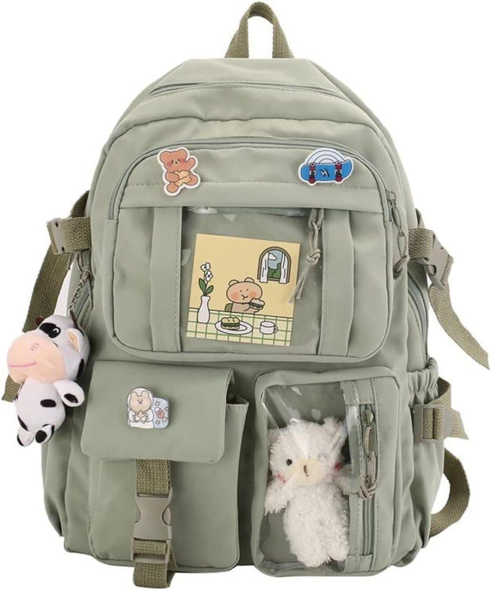 1 Children's Cute Backpack with Pins and Plush Pendant, Green, Waterproof School Backpack for Girls - Image 1