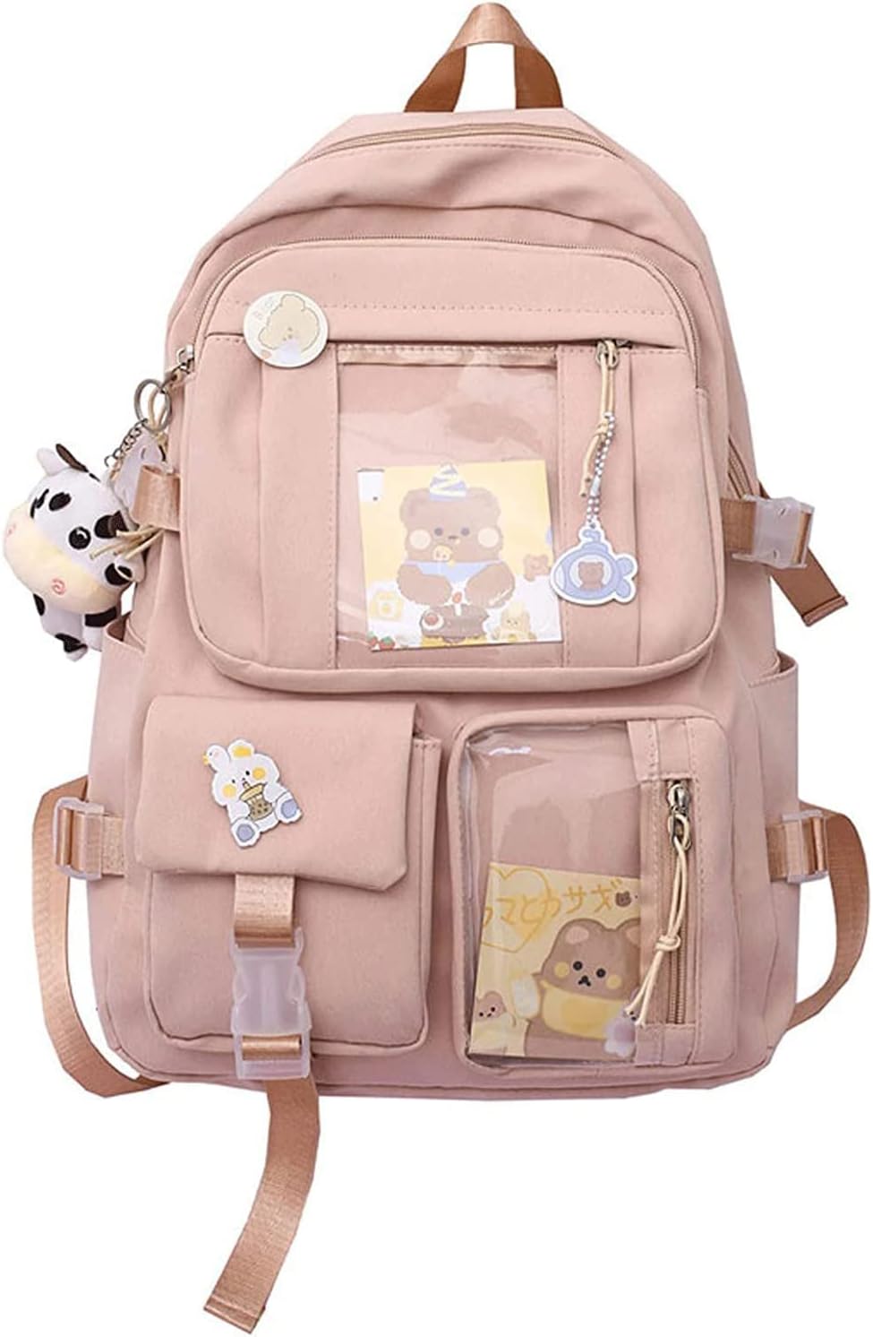 Pink Children Backpack with Pins and Plush Pendant, Spacious Waterproof School Travel Backpack for Girls - Image 1