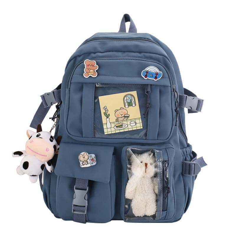 Blue Children's Backpack with Pins and Plush Pendant, Waterproof School Backpack for Girls - Image 1