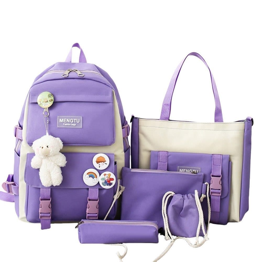 5-Piece Purple School Backpack Set for Students and Teenagers, Compatible with Travel - Image 1