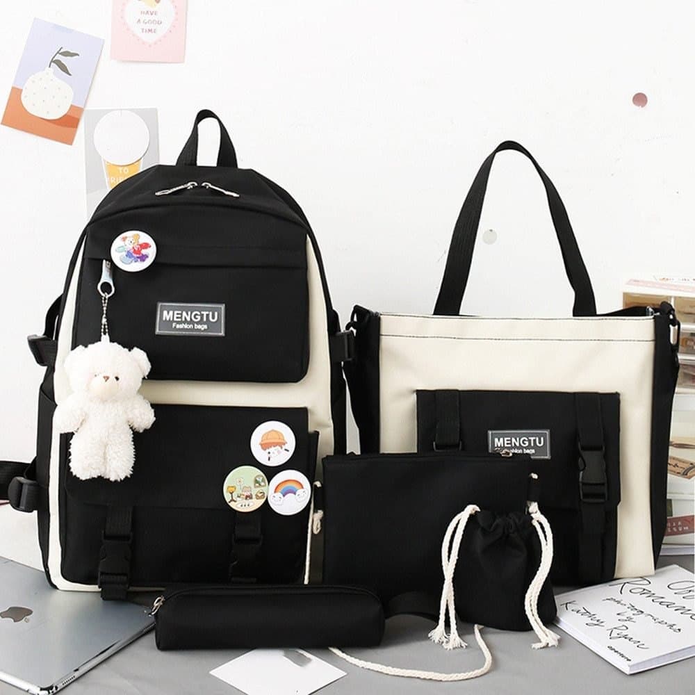 5-Piece School Backpack Set for Students and Teenagers, Black - Image 2