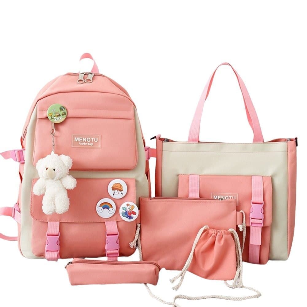 5-Piece Pink School Backpack Set for Students and Teenagers, with Pencil Case and Accessories - Image 1