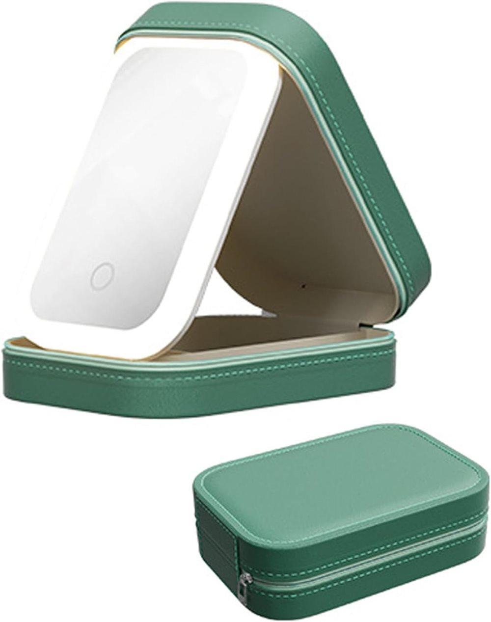 Portable Makeup Bag with LED Mirror, 3 Light Modes & Storage Compartment, Travel Cosmetic Organizer for Women, Green - Image 1