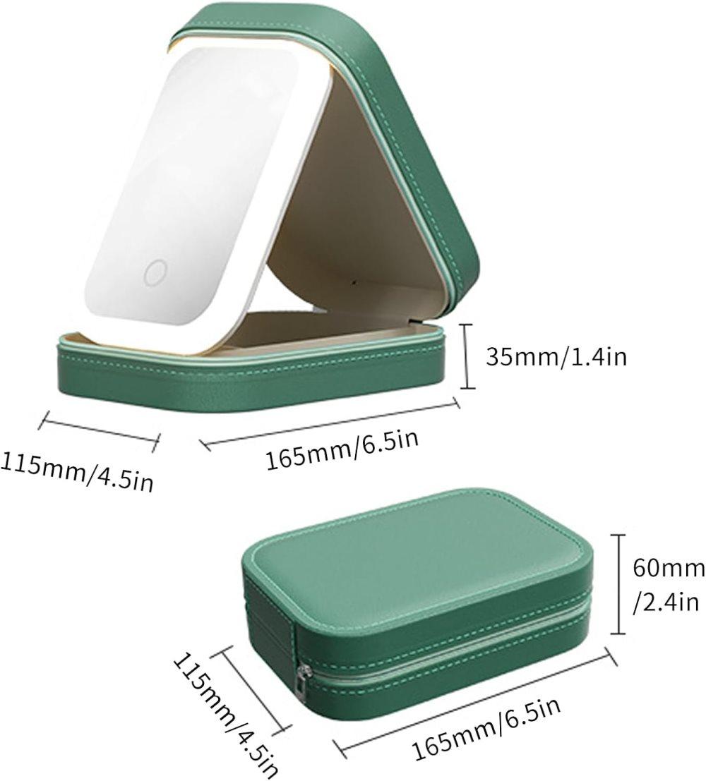 Portable Makeup Bag with LED Mirror, 3 Light Modes & Storage Compartment, Travel Cosmetic Organizer for Women, Green - Image 2