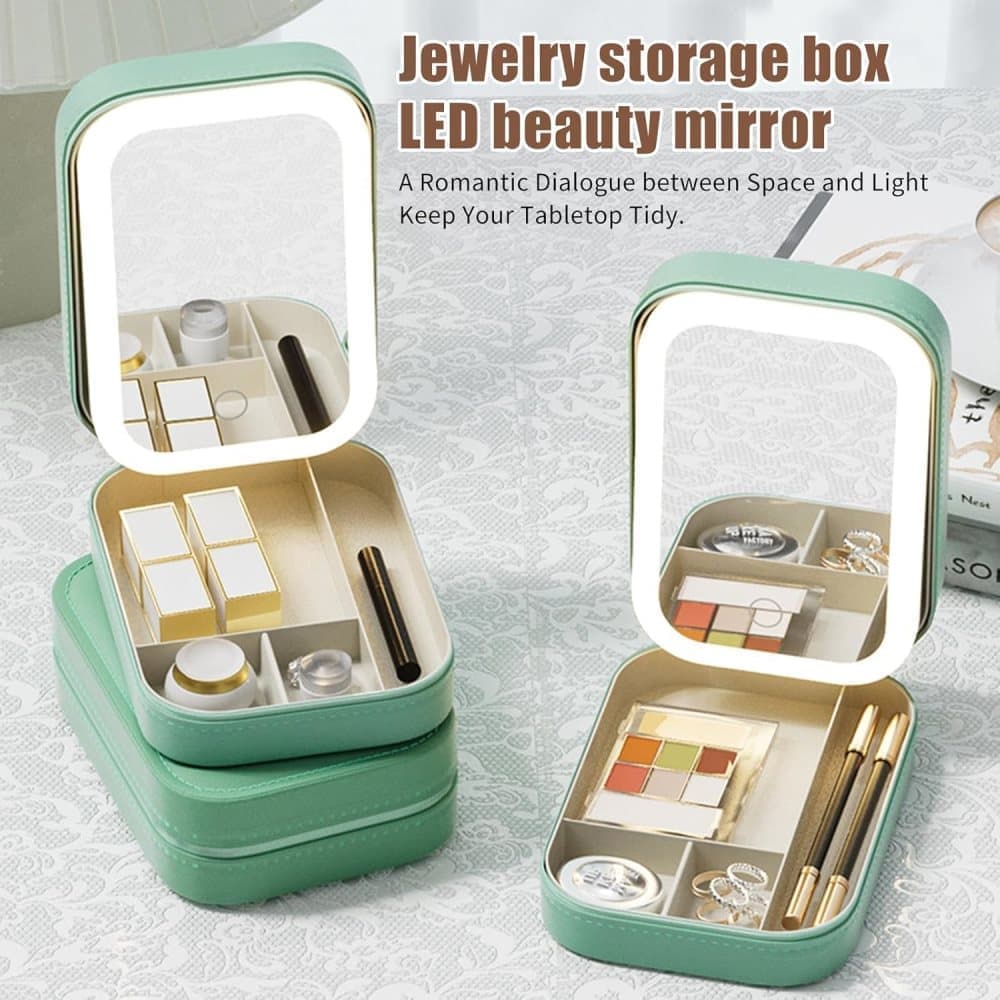 Portable Makeup Bag with LED Mirror, 3 Light Modes & Storage Compartment, Travel Cosmetic Organizer for Women, Green - Image 5
