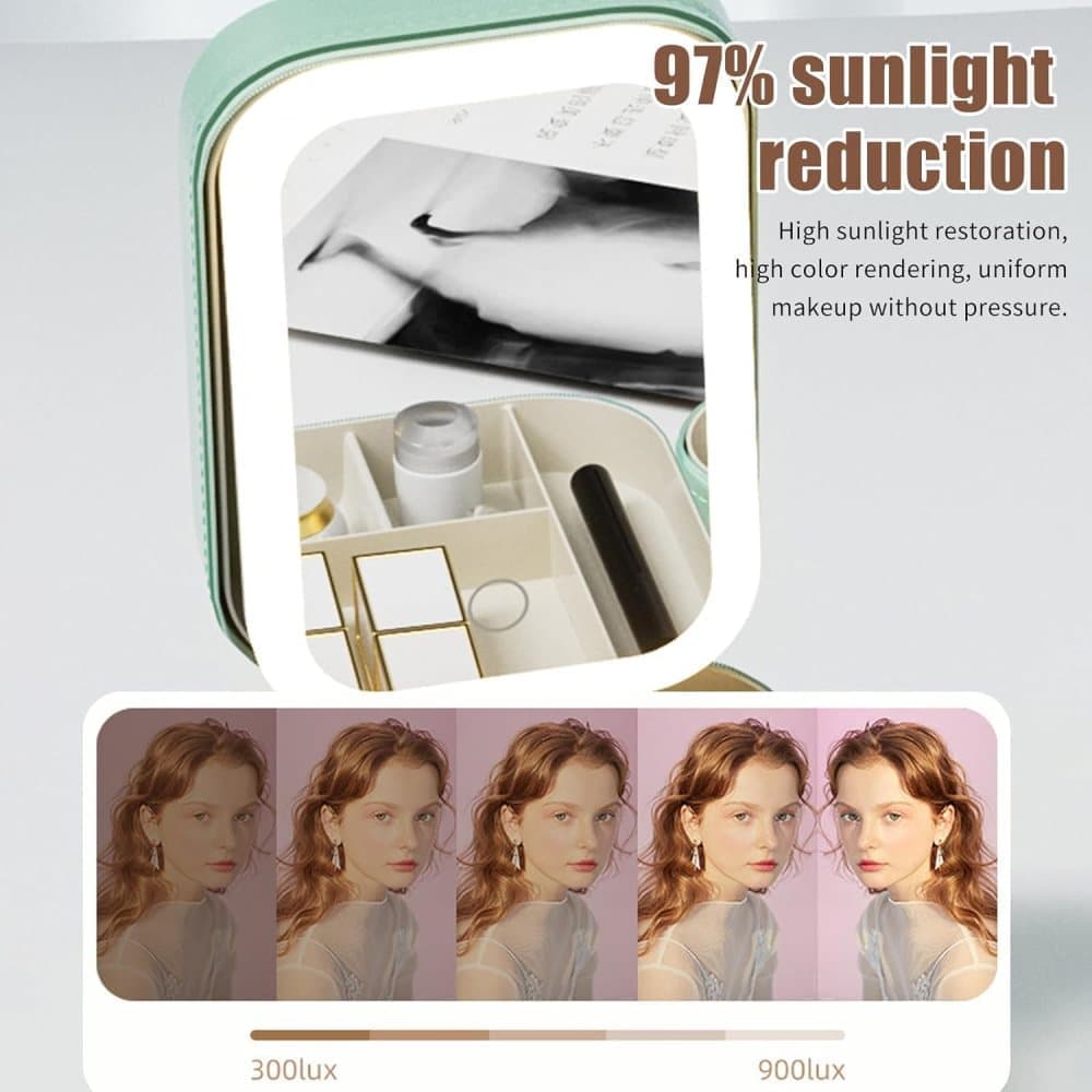 Portable Makeup Bag with LED Mirror, 3 Light Modes & Storage Compartment, Travel Cosmetic Organizer for Women, Green - Image 7