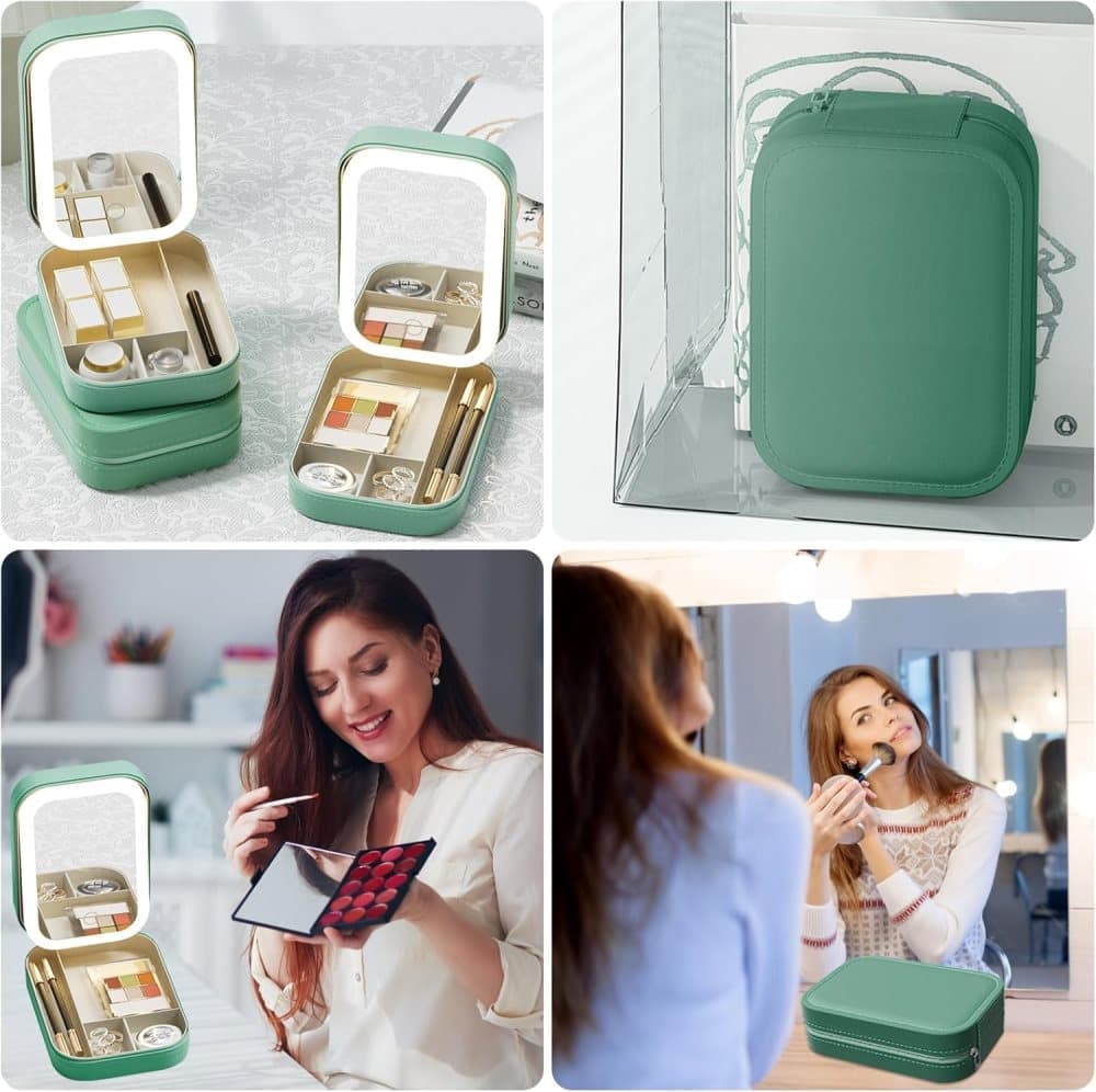 Portable Makeup Bag with LED Mirror, 3 Light Modes & Storage Compartment, Travel Cosmetic Organizer for Women, Green - Image 8