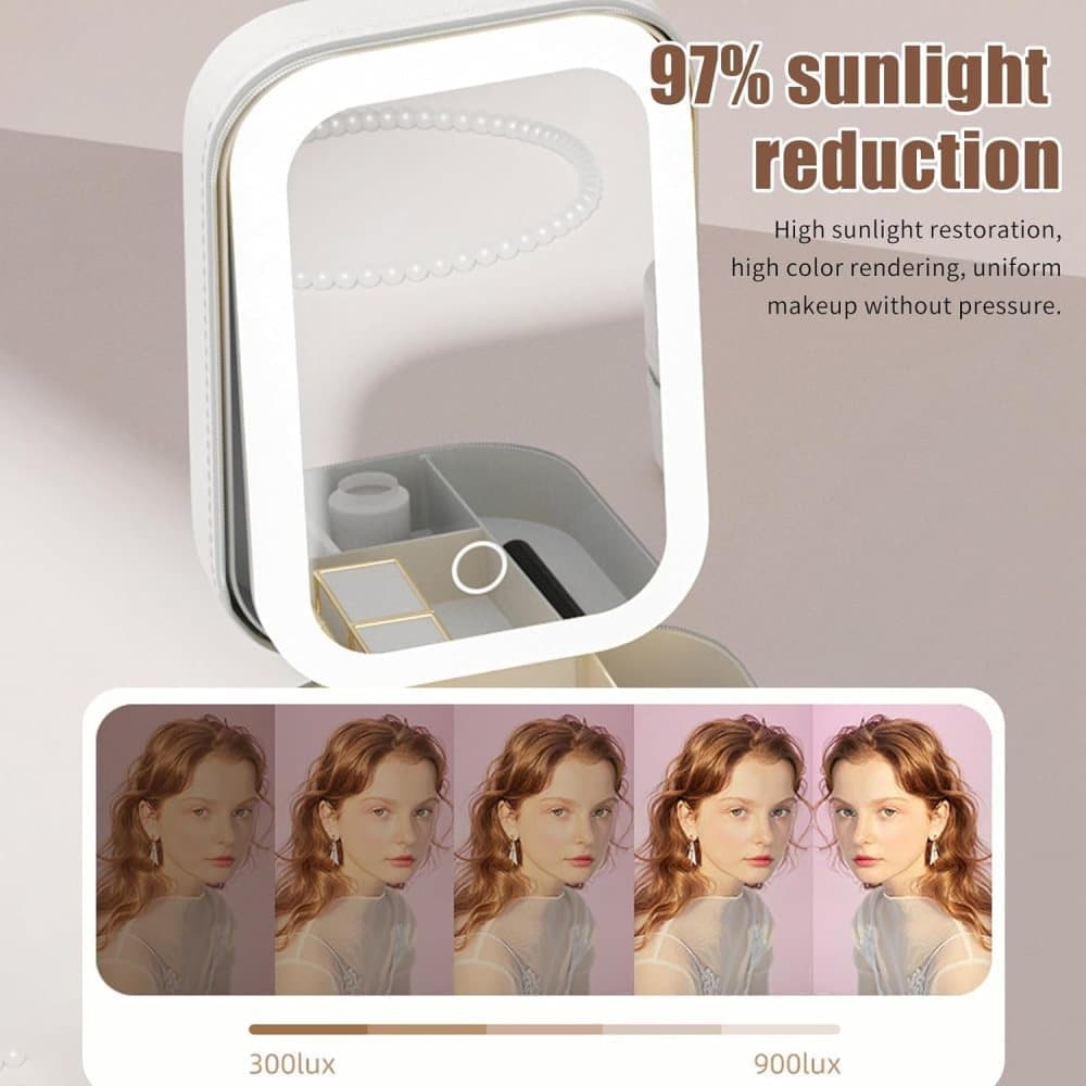 Portable Makeup Bag with LED Mirror 3 Light Modes, Travel Cosmetic Organizer for Women, White - Image 4