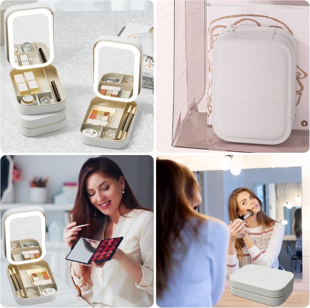 Portable Makeup Bag with LED Mirror 3 Light Modes, Travel Cosmetic Organizer for Women, White - Image 7
