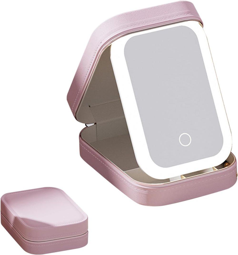 Portable Makeup Bag with LED Mirror 3 Light Modes, Travel Cosmetic Organizer for Women, Pink - Image 1