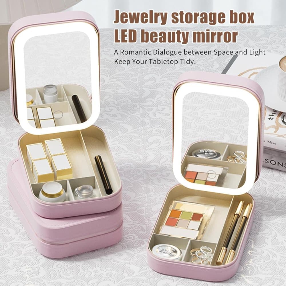 Portable Makeup Bag with LED Mirror 3 Light Modes, Travel Cosmetic Organizer for Women, Pink - Image 3