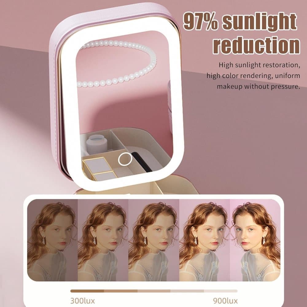 Portable Makeup Bag with LED Mirror 3 Light Modes, Travel Cosmetic Organizer for Women, Pink - Image 5