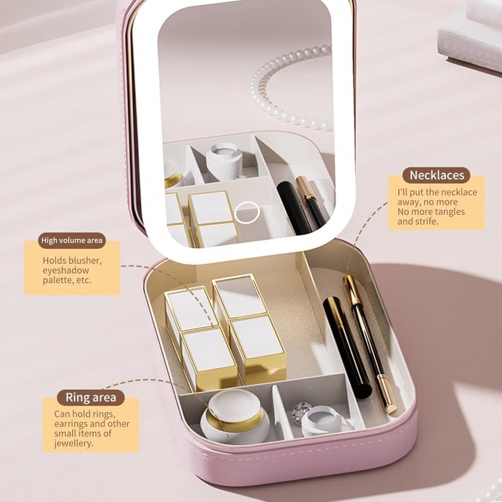 Portable Makeup Bag with LED Mirror 3 Light Modes, Travel Cosmetic Organizer for Women, Pink - Image 7